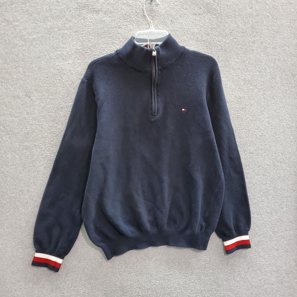 Tommy Hilfiger Men Sweater‎ XL Navy 1/4 Zip Logo Long Sleeve Mock Neck Pullover